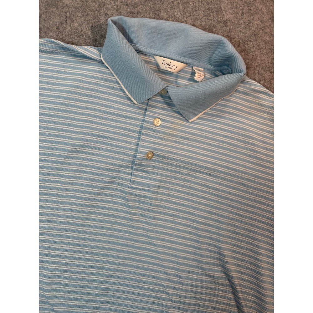 Turnbury Mens Vintage Striped Polo Shirt‎ Light Blue White Cotton Pique Medium